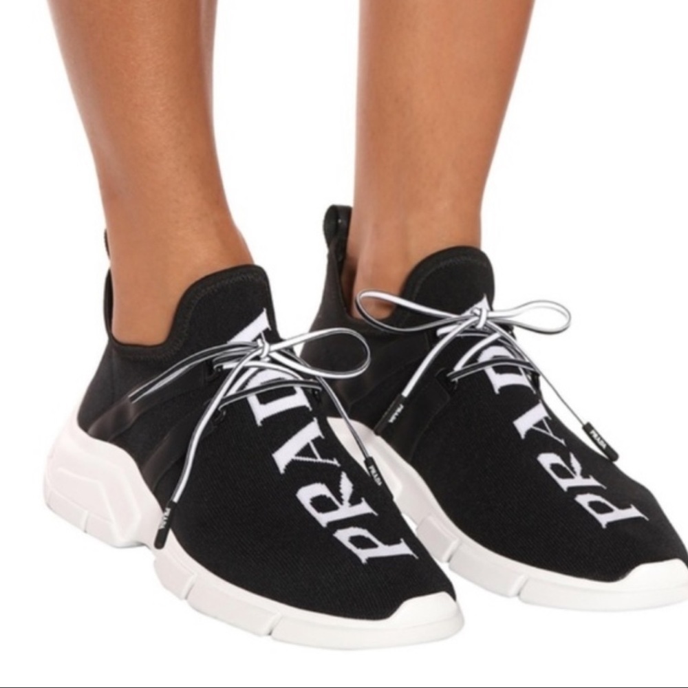 Authentic PRADA shoes Size 38.5 or 8 Black & White Logo Knit Low-Top Sneakers - Picture 2 of 6